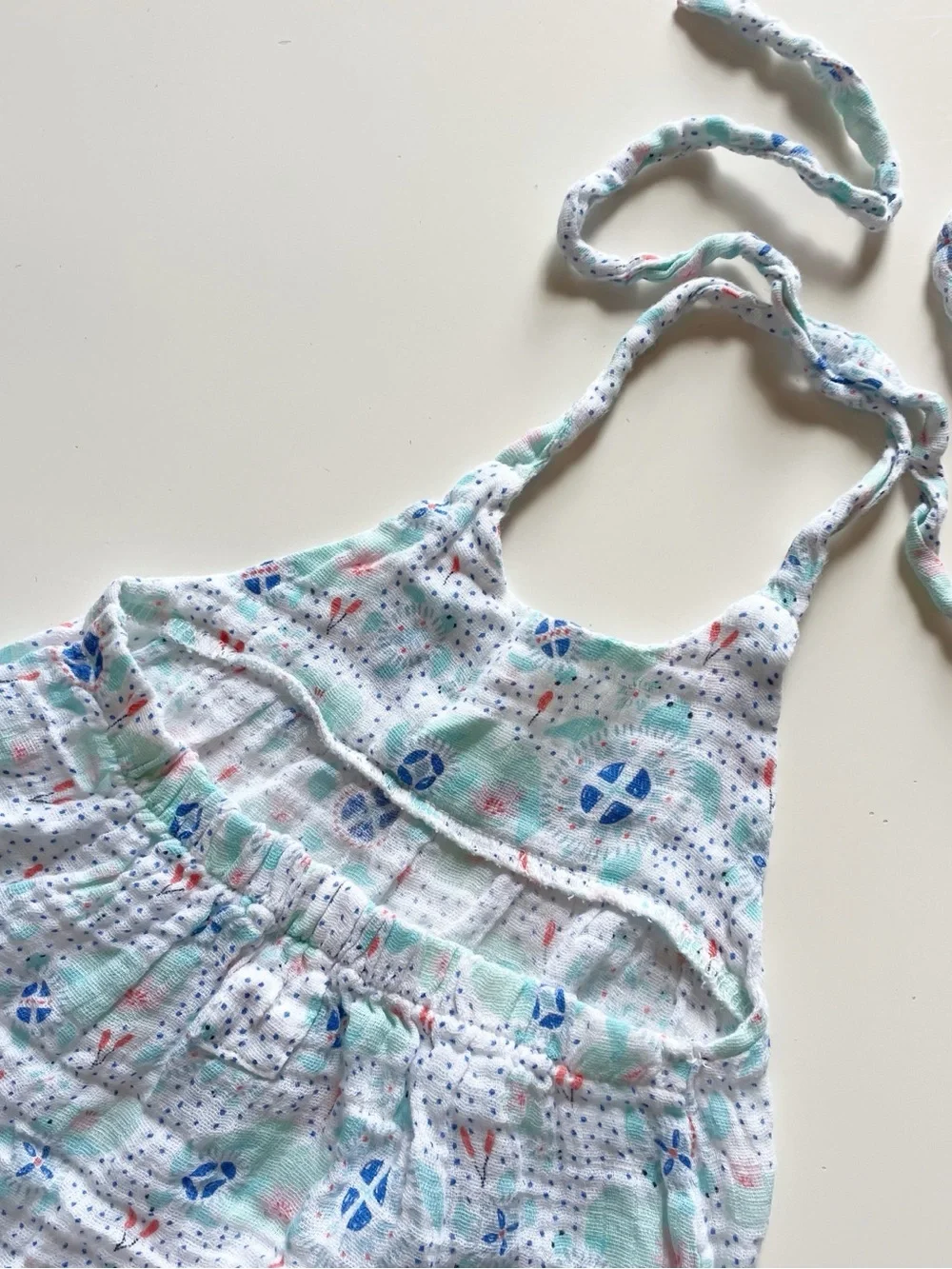 Angel Dear Organic White Muslin Halter Romper with Blue and Mint Print | 6-12m